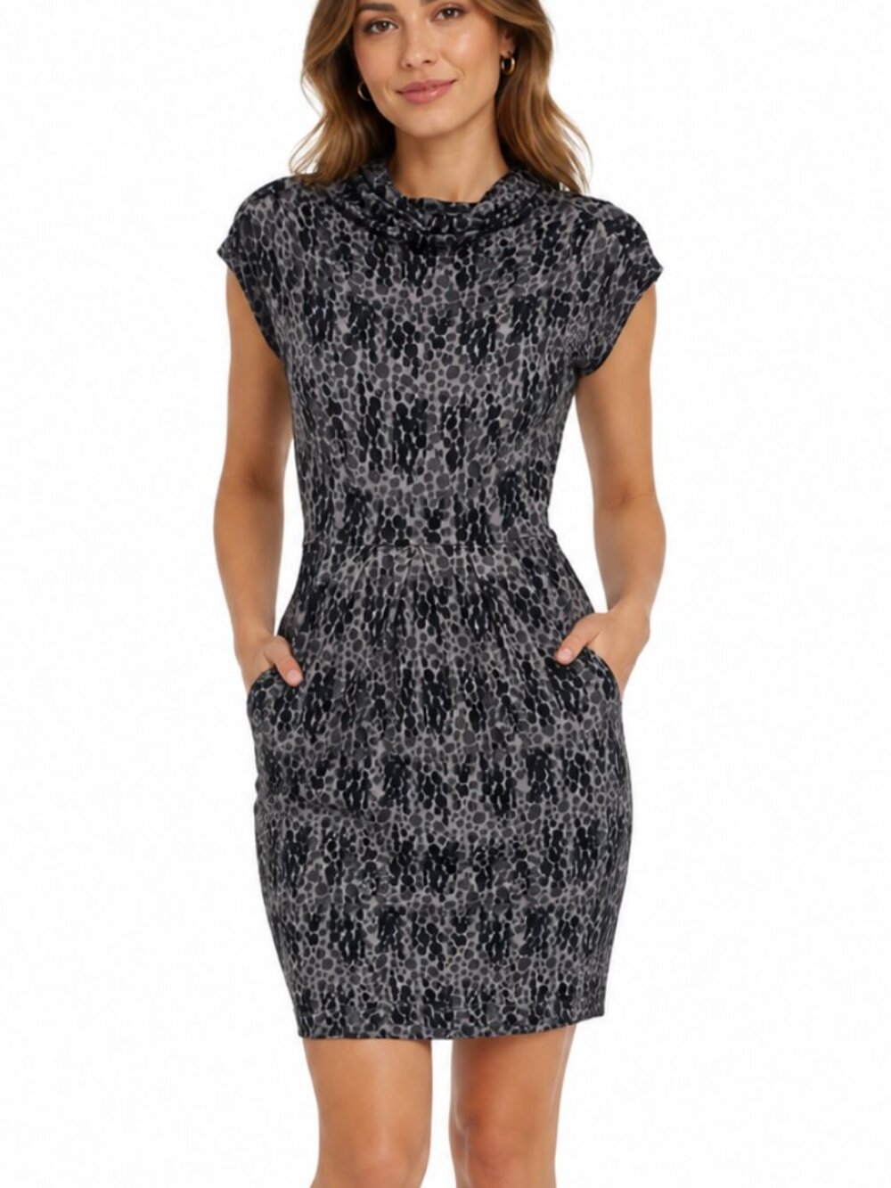Banana Republic Black Gray Leopard Wool Blend Cowl Neck Sleeveless Sheath Dress